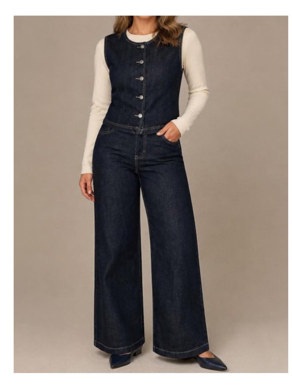 New Dark Blue Denim Set Top Vest and Jeans Large